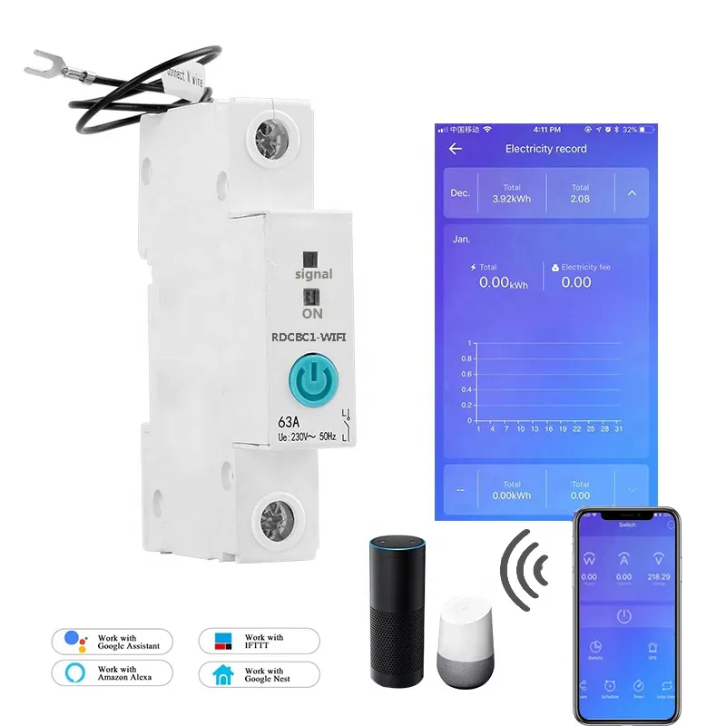 1p 18mm WIFI Smart Circuit Breaker Energy Meter Remote Control Caculate Power Sumption With Alexa and Google for Smart Home
