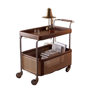 Mesa auxiliar de ruedas móviles de madera maciza con carro de almacenamiento de acero inoxidable, estante de ratán para sala de estar para organizar unidades de almacenamiento - Product Image 1