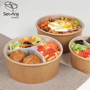 SenAng07 Desain Baru Kertas Cokelat Mangkuk Salad Bening Pesta Raman Nasi Bundar Natal Sekali Pakai dengan Tutup