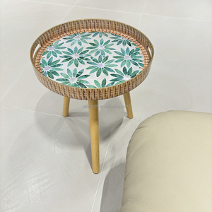 <strong>Round</strong> Plastic Serving <strong>Tray</strong> with Detachable Wood Legs Coffee <strong>Table</strong>, Mosaic Pattern Sofa Side <strong>Table</strong> for Living Room - Product Image 2