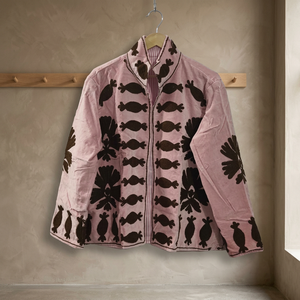 Pink Hand Embroidered Floral Pattern Mandarin Collar <b>Blazer</b> Full Sleeve Breathable Cotton Women's Autumn Winter Wear - Product Image 2