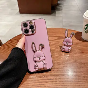 아이폰 11 12 13 14 플러스/프로/프로 맥스를위한 렌즈 필름 실리콘 전화 케이스가있는 귀여운 3D 전기 도금 토끼