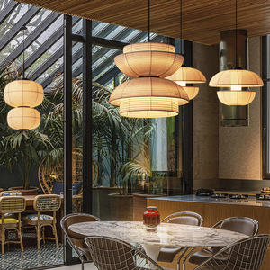 โคมไฟระย้า LED สไตล์วาบิซาบิแบบญี่ปุ่น ปรับความสูงได้ ปรับความสว่างได้ พร้อมผ้าจีนกลางแบบเซน เหมาะสำหรับโต๊ะอาหารในโรงแรม - Product Image 1