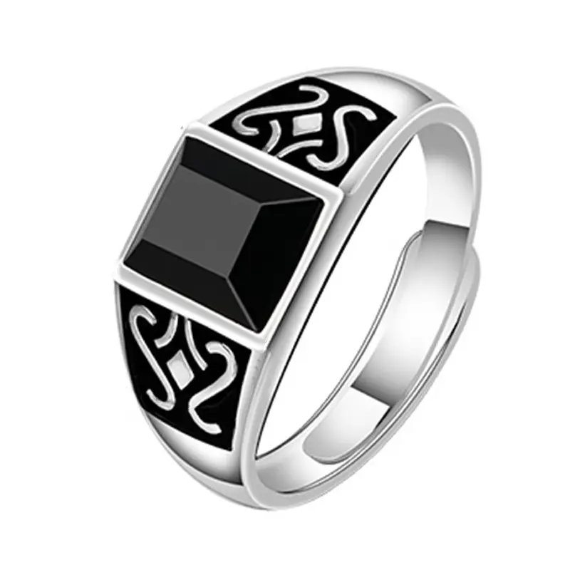 Fashion Open Mysterious Totem Men's Trendy Obsidian Domineering Retro Dripping Gem silver 925 rings man ottoman tugra ring