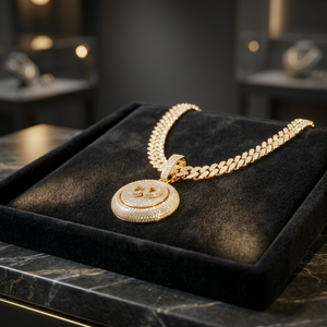 Collier unisexe en acier inoxydable plaqué or 18 carats avec pendentif chaîne maille forçat et breloque visage souriant en moissanite taille brillant, style hip-hop pour soirée - Product Image 2