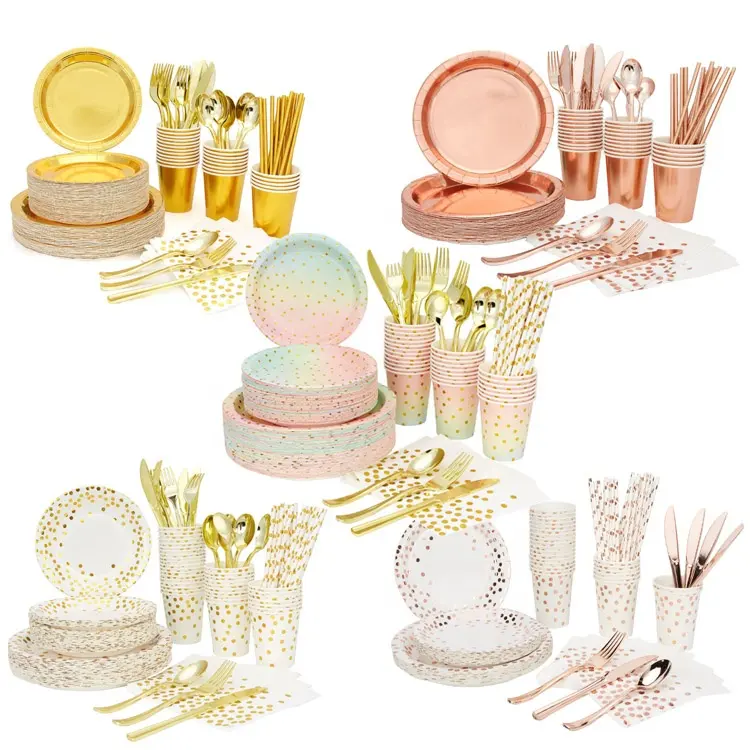 200pcs Disposable Golden Dots Tableware Degradable Paper Party Set Cups Plates Straws Napkin Decorations