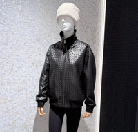 Blouson d'hiver pour homme en cuir véritable noir tressé, col montant, fermeture éclair intégrale, manches longues, poignets côtelés