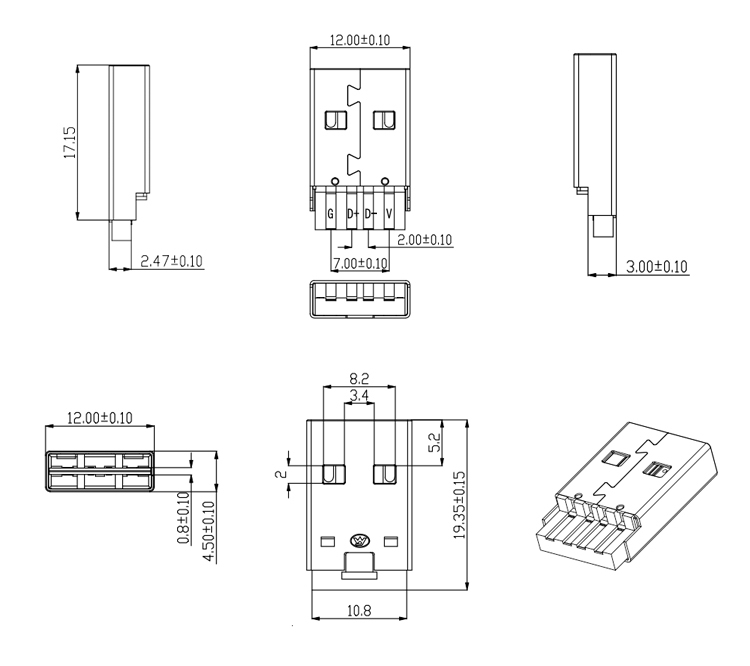 Lot De 2 Connecteurs USB 2.0 Type A Mâle à Souder - Pour Câbles Et Prototypes électroniques