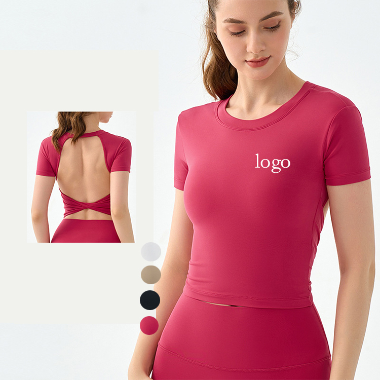 Quick-drying Round Neck Yoga Short-sleeved Hollow Back Tight Top Running Sports Fitness T-shirt Backless Sports Bra