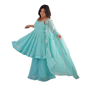 Ensemble de Kurti pour femme en rayonne, longueur standard, broderie blanche, coupe classique, style traditionnel indien pakistanais, pour soirée, séchage rapide, gaufré - Product Image 1