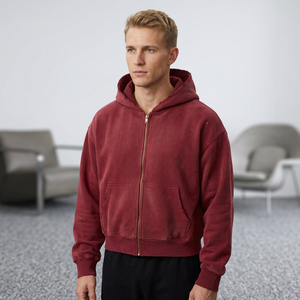 Heavyweight Custom Oversized <b>Zip</b> <b>up</b> Fleece Blank Streetwear Acid Wash Pullover Distressed Boxy <b>Cropped</b> Fit <b>Hoodies</b> for Men - Product Image 2