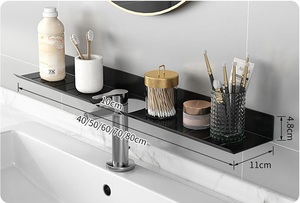Étagère murale de salle de bain avec découpe pour robinet, sans perçage, en aluminium, support flottant pour cosmétiques et articles de toilette, noir et blanc - Product Image 5