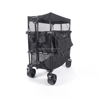 Chariot de camping pliable à deux étages avec grandes roues, porte-gobelets pour les courses, les sports, l'extérieur, poignée réglable, hayon avec toit