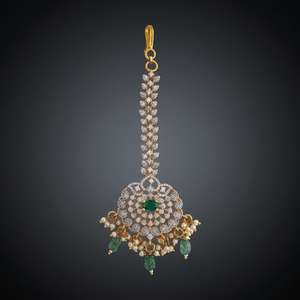Tikka de mariage pour femme en zircon motif floral, plaqué or rhodié, pierre verte polie, 186522, bijou de collection culturelle - Product Image 3