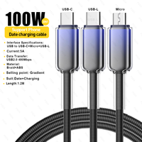 1,2 M 3.94FT 100W 3 en 1 5A Cable de carga Cable DE DATOS Línea de carga rápida Conector Micro USB tipo C para iPhone 16 Samsung Huawei