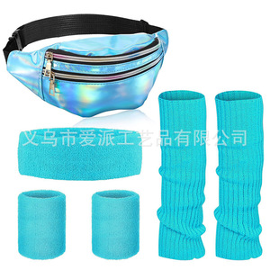 1980s Retro Party <b>Yoga</b> Sports Headband Wristband Leg Sleeves Waist Bag Set Fashion Costume Props Birthday <b>Gift</b> - Product Image 4