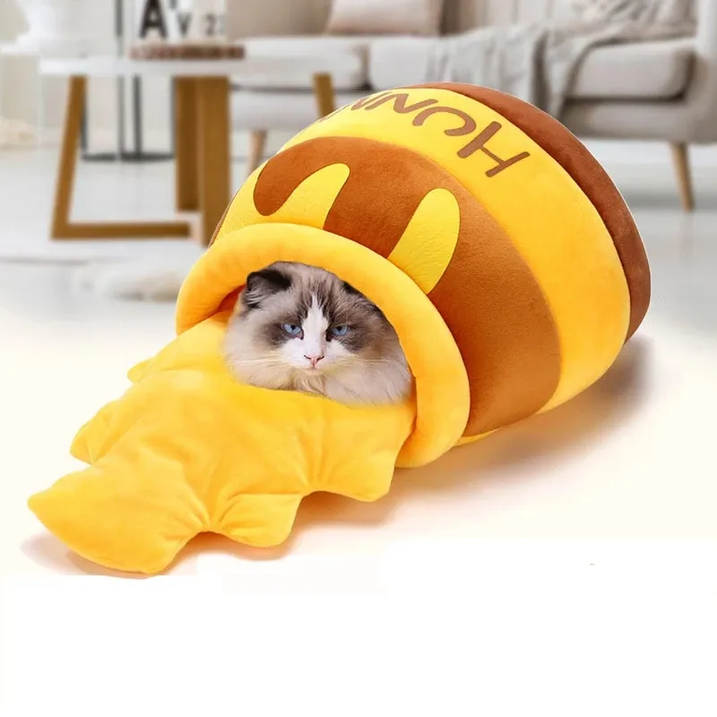 Yellow Honey Pot Cat Bed Honey Jar Shape Bed Cute Plush Cartoon Warm Pet Bed Cat House Mat Soft Pet Nest Opp Bag DOT Animal Care