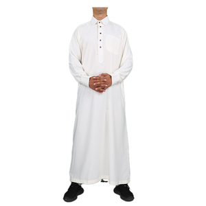 Thobe Masculino <span class=keywords><strong>de</strong></span> Manga Larga Estilo Islámico Qatari, Diseño <span class=keywords><strong>de</strong></span> Color Sólido, Jalabiya con Puños en las Mangas - Product Image 1