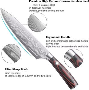 Cuchillo de Cocina Estilo Japonés IOKO para Rebanar Sushi, Carne, Santoku, Patrón Láser Damasco, Mango de Madera Pakka - Product Image 4