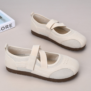 Women Breathable Mesh Balletcore Mary Jane Flat Shoes Cross Elastic Strap Hook Loop Lightweight Walking Sneakers Soft Cork - Product Image 2