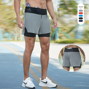 Shorts de course à pied sportifs pour hommes, taille haute, couleur unie, double couche, avec faux cordon de serrage, pour l'été, l'extérieur, le marathon, le fitness et le basketball - Product Image 1
