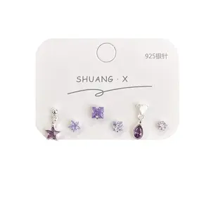 Exquisite sweet cool geometric stars purple zirconia earrings set female silver pin design sense senior niche earrings