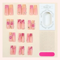 24 faux ongles à presser style français, motif léopard rose, fleur 3D, tube long