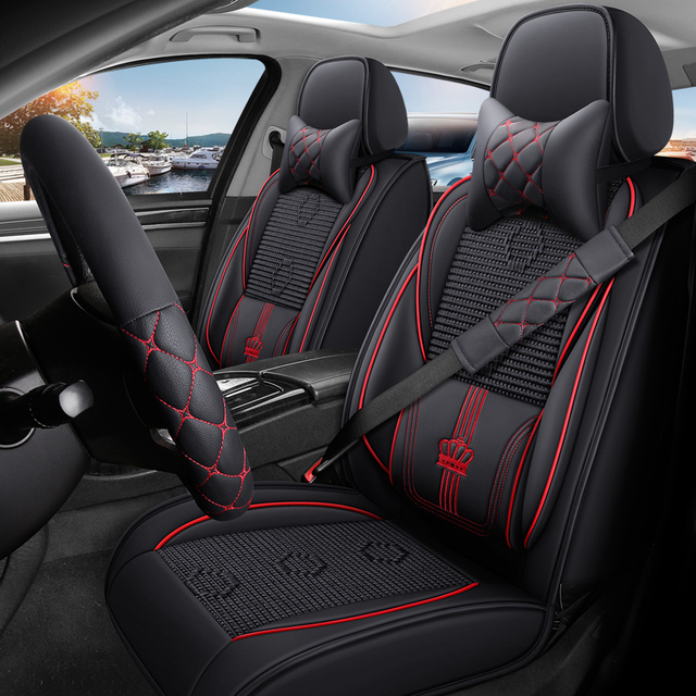 High Quality 5pcs Car Seat Covers Steering Wheel Cover Set Universal Fit Embroidered Breathable Mesh Synthetic Leather Full