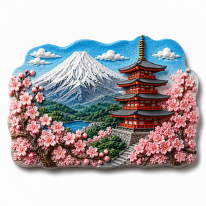 Imán de Resina 3D Personalizado Directo de Fábrica, Imán para Refrigerador con Diseño de Montaña Nevada, Pagoda y Flor de Cerezo - Product Image 1