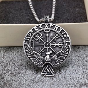 Vintage Stainless Steel Viking Rune <b>Compass</b> Pendant With Raven Wings Themed Unisex Necklace Gift For Fashion Jewelry - Product Image 4