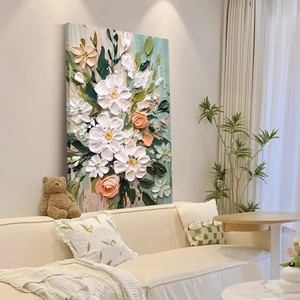 Pintura Floral en Lienzo, Marco Rectangular Blanco, Decoración de Pared para Sala de Estar, Fondo de Sofá - Product Image 2