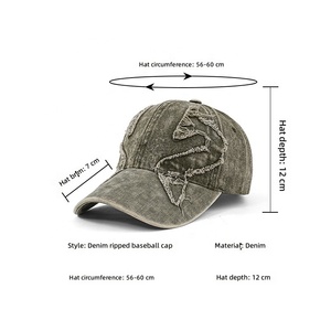 Boné de Beisebol de Algodão Lavado com Borda Desfiada e Desgastada, Bordado de Patch em Formato de Cobra com Borda Bruta, Estilo Retrô, Ajustável, Casual para Uso Externo e Proteção Solar - Product Image 1