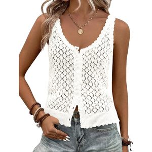 Cardigan sans manches en crochet personnalisé pour femme, gilet boutonné style bohème, haut d'été respirant et léger - Product Image 1