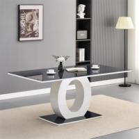 Nouvel arrivage Ensemble de table à manger 6 chaises Moderne Rectangulaire Gris Peint Plateau de table en MDF Verre trempé brillant Base circulaire en bois