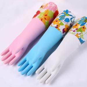 ถุงมือยางกันน้ำแบบยาวพร้อมผ้าพันข้อมือลายดอกไม้สำหรับล้างจานในครัวเรือน - Product Image 5