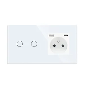 Power Socket With Usb Charging Port and Type C Interface 2.1A 16A Glass Panel 86mm French Poland Wall Outlet