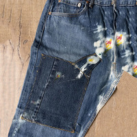 Jean slim homme personnalisé style streetwear rétro automne, patchwork, effet éclaboussures de peinture, vintage, denim urbain délavé, décontracté