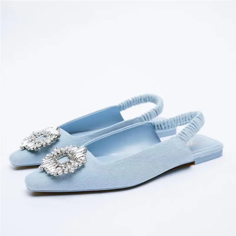 2022 New light blue denim fabric sandals rhinestone sun buckle flat bottom Muller for women