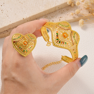 Filigree Openwork Colorful Heart Copper 18k Gold Plated <b>Women</b> Vintage Luxury Wholesale Cuff Bracelet <b>Ring</b> <b>Set</b> - Product Image 2