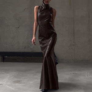 Long Leather Dress - Sexy High Collar Bodycon Style