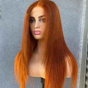 Wig Renda Depan 13X4 Warna Jahe Oranye Wig Rambut Manusia Brasil Pra Pencabutan Wig T Bagian Renda Wig Renda Tanpa Lem Remy untuk Wanita