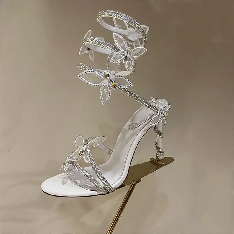 Cristal borboleta bobina cinta saltos para senhoras sandálias mulheres sapatos nupcial casamento noite sapatos saltos altos