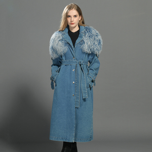 Wholesale Detachable Big Natural Mongolian Lamb Fur Collar Trench Coat Belt Soft Jeans Ladies <strong>Women</strong> Winter Real Fur <strong>Denim</strong> <strong>Jacket</strong> - Product Image 3