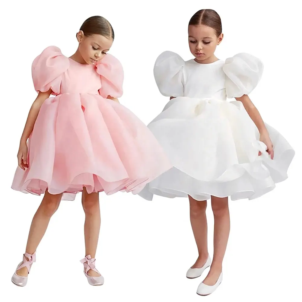 Fashion Girl Princess Vintage Dress Tulle Kids Puff Sleeve Pink Wedding Party Birthday Tutu Dress Child Clothes