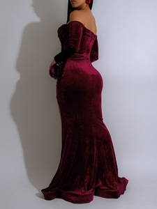 AL303 abiti alla moda per le donne abiti da sera eleganti a manica lunga con spalle sottili in <span class=keywords><strong>velluto</strong></span> Maxi abiti da festa da donna abito da sirena - Product Image 5