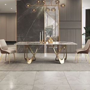 <span class=keywords><strong>Table</strong></span> à manger complète de luxe moderne haut de gamme avec plateau en pierre frittée et base en acier inoxydable, 6 chaises, rectangulaire, mobilier de maison et d'atelier - Product Image 3