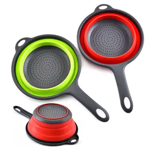 Round Folding Strainer Kitchen Fruit Basket Silicone Collapsible Colander With Handle