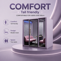 Cabine de réunion insonorisée pour 2 personnes, cabine acoustique violette avec table, panneau de prises, porte en verre, éclairage LED