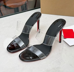 High-end brand transparent double-wide <b>red</b>-bottom high-heeled shoes - sexy and versatile cocktail platform <b>slippers</b> for women - Product Image 3