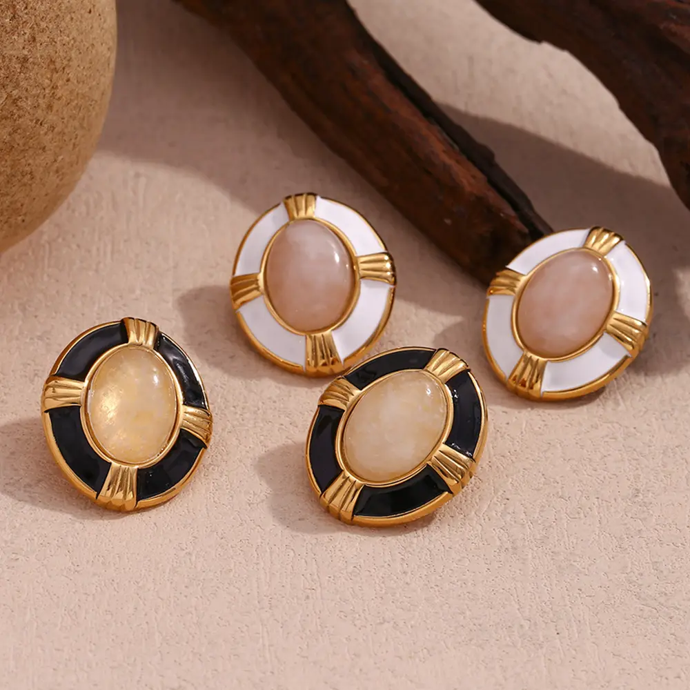 Vintage 1990s Natural Stone Black Enamel 18k Gold Plating Circle Earrings Stainless Steel Signed Elegant Women Stud Earrings